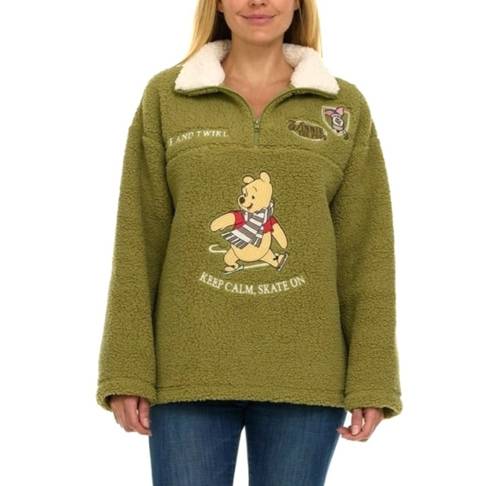Disney Winnie the Pooh Fuzzy Green Sherpa Quarter Zip Pullover Sweatshirt - Picture 12 of 13